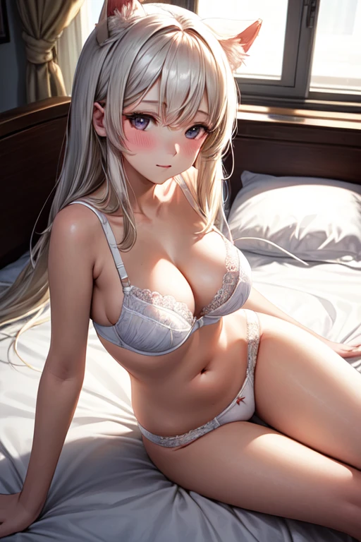 The girl is lying down on the bed her long white hair flowing over her shoulders as she looks up at the camera with a slight blush on her face. Her cat ears have been hidden in her hair but are visible when she moves her head. She is wearing a tight white bra, tight white panties, and tight white socks. Her medium breasts are barely contained by the bra as she lays on her back. The light from outside shines in through the window and highlights her curves as she is inside a house next to a bed with pink sheets. High resolution, best quality, bust shot, anime, anime girl, close up.