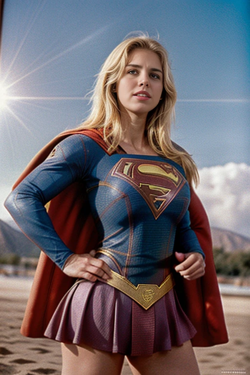 Obra maestra, una mujer hermosa, (((foto de cuerpo completo))), (((Supergirl 1984))). mini vestido blanco, ombligo expuesto, (grandes bestias), (cuerpo perfecto), (cabello largo y rubio), exterior, (textura de la piel: 1.1), mejor calidad, ultra high resolution, raw photography, Nikon D850, backlight, aro de luz, luz solar brillante, film grain: 1,2, (warm tone, warm tone: 1,2), (foto en color), medias, tacones de aguja, athletic build.