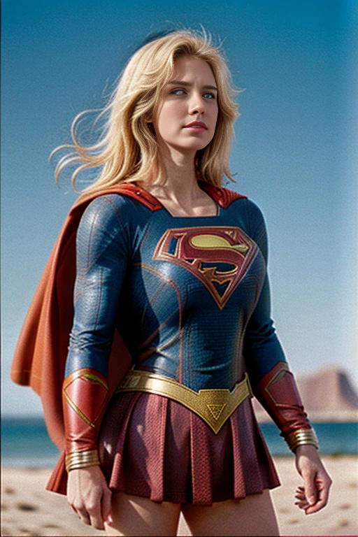 Obra maestra, una mujer hermosa, (((foto de cuerpo completo))), (((Supergirl 1984))). mini vestido blanco, ombligo expuesto, (grandes bestias), (cuerpo perfecto), (cabello largo y rubio), exterior, (textura de la piel: 1.1), mejor calidad, ultra high resolution, raw photography, Nikon D850, backlight, aro de luz, luz solar brillante, film grain: 1,2, (warm tone, warm tone: 1,2), (foto en color), medias, tacones de aguja, athletic build.