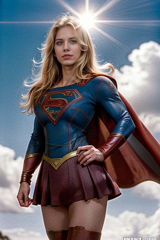 Obra maestra, una mujer hermosa, (((foto de cuerpo completo))), (((Supergirl 1984))). mini vestido blanco, ombligo expuesto, (grandes bestias), (cuerpo perfecto), (cabello largo y rubio), exterior, (textura de la piel: 1.1), mejor calidad, ultra high resolution, raw photography, Nikon D850, backlight, aro de luz, luz solar brillante, film grain: 1,2, (warm tone, warm tone: 1,2), (foto en color), medias, tacones de aguja, athletic build.