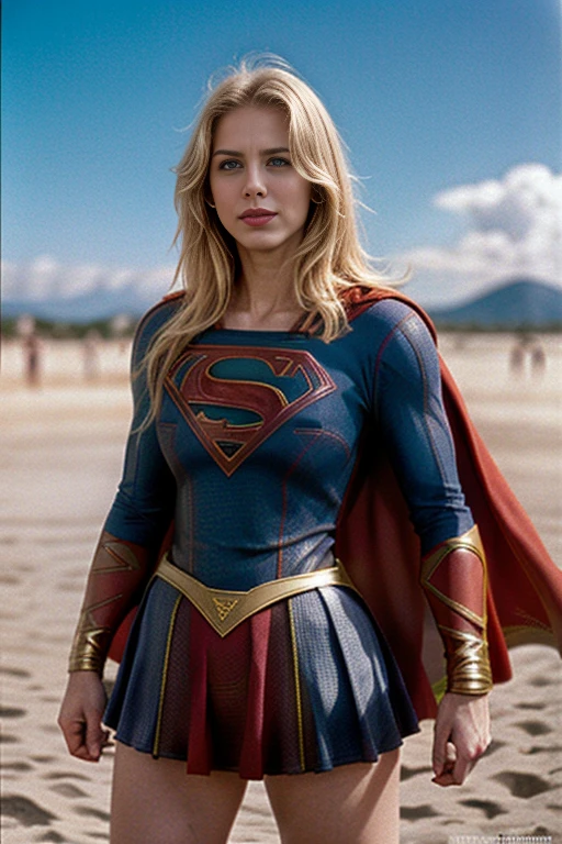 Obra maestra, una mujer hermosa, (((foto de cuerpo completo))), (((Supergirl 1984))). mini vestido blanco, ombligo expuesto, (grandes bestias), (cuerpo perfecto), (cabello largo y rubio), exterior, (textura de la piel: 1.1), mejor calidad, ultra high resolution, raw photography, Nikon D850, backlight, aro de luz, luz solar brillante, film grain: 1,2, (warm tone, warm tone: 1,2), (foto en color), medias, tacones de aguja, athletic build.