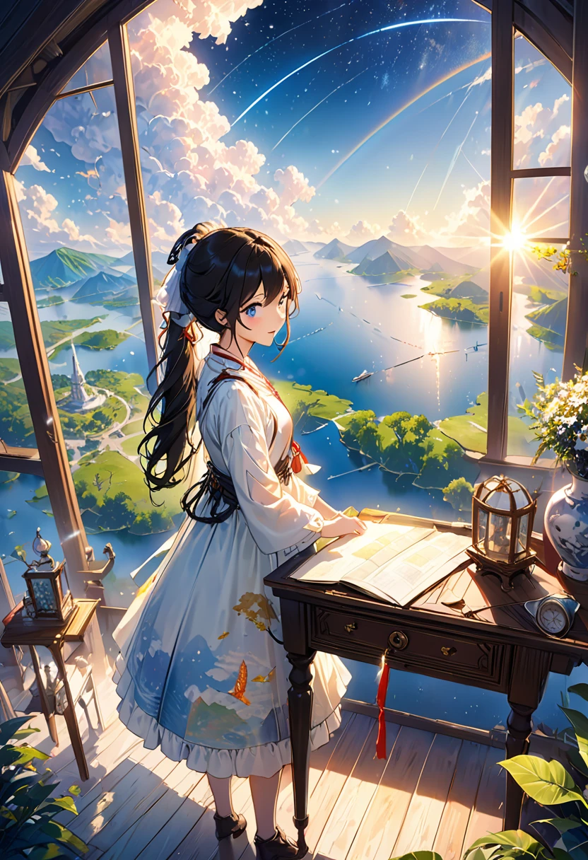 (8K、Raw photo、highest quality、look up:1.2、masterpiece:1.2、genuineistic、ultra high resolution、high contrast、photon mapping、genuine、Super detailed、official art, Raw photo、professional lighting、 light、Vivid atmosphere、twicelight) (1 girl),（One white kitten）,The morning sun comes in、On an antique desk in the airship&#39;s VIP room、The world map is unfolded。Using a compass、Checking the direction to the destination、A girl and a white kitten、I feel hope, joy, and anxiety.。The outside world seen from the VIP room、Stars in the sky々And the Milky Way shines、The ancient city appears in the air like a heat haze.、On the ground、Surrounded by greenery、A medieval Roman city-state on the shores of a lake、Shining in the morning sun。An atmosphere that exudes the excitement of adventure。High Fantasy Worldview,　Beautiful depiction of grand composition and proportions, Guardian nebula of rainbow light and silvery vapor, Corrosive Encirclement Ray Family Color, slimy air feeling,