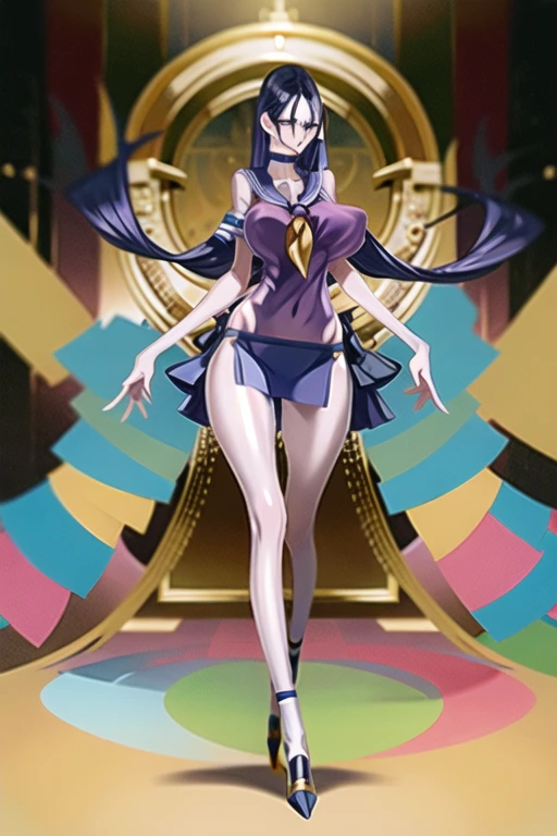 A woman with 176 cm of tall,Dark blue eyes, Long hair dark blue color, Huge breasts, Wearing a purple sailor mini shirt, Wearing a purple sailor mini skirt, Wearing a dark blue choker, Wearing a panties, Wearing a Block heels shoes, walking towards the camera in the form of a catwalk