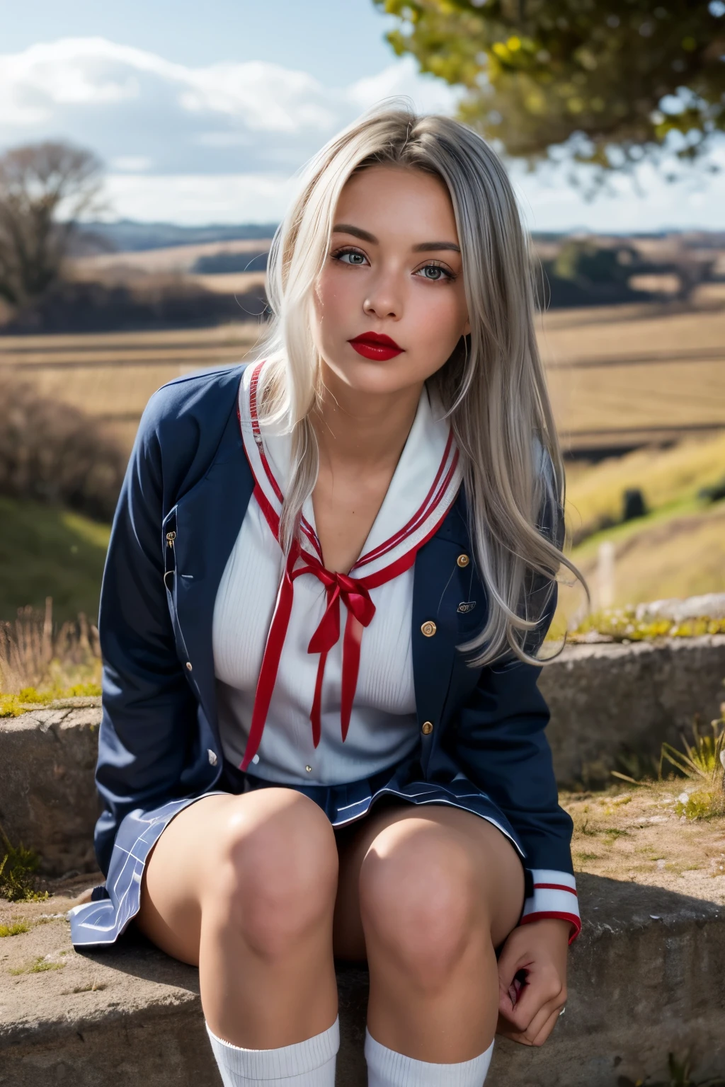 ((Girl looks at me)), Japanese high school girl sitting, sailor suit, red ribbon, navy pleated skirt, tanned, silver hair, mesh hair, loose socks, looking sideways, looking up, surprised expression, masterpiece, detailed eyes, Foundation, eye shadow, red lipstick, brightening the cheeks, rural landscape, blurred background, from below, (white panties: 1.1), from the front
