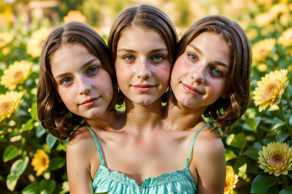 3heads, (a  girl and a 12 year old (a 30 year old woman:1.5), (a brunette and a blonde:1.5)