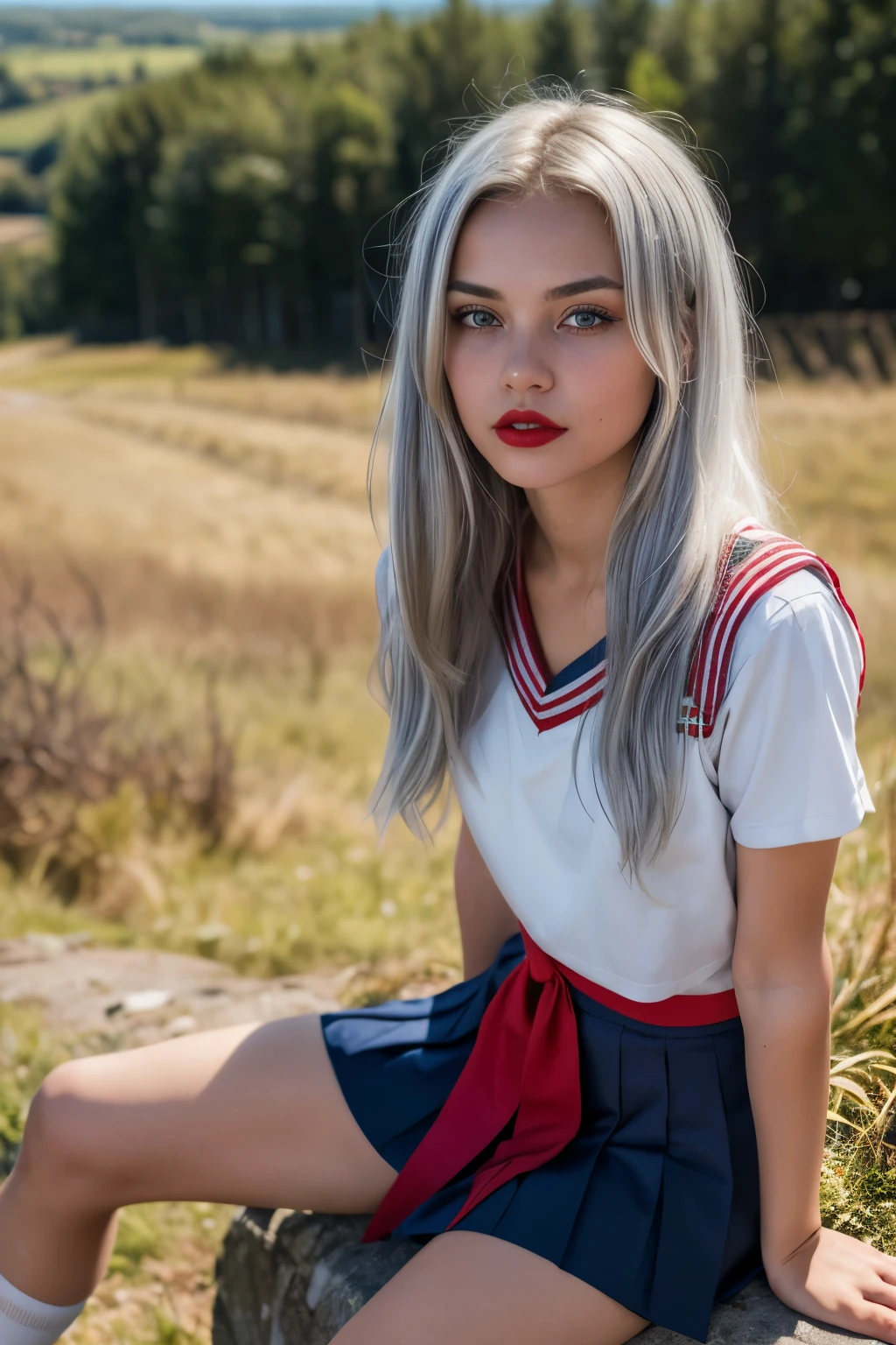 ((Girl looks at me)), Japanese high school girl sitting, sailor suit, red ribbon, navy pleated skirt, tanned, silver hair, mesh hair, loose socks, looking sideways, looking up, surprised expression, masterpiece, detailed eyes, Foundation, eye shadow, red lipstick, brightening the cheeks, rural landscape, blurred background, from below, (white panties: 1.1), from the front