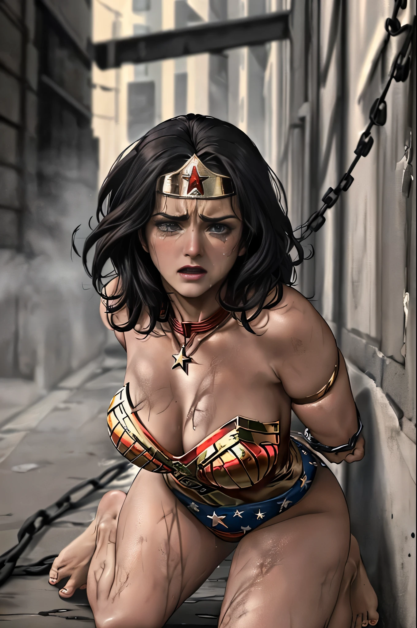 ((Wonderwoman, in the dirty alley, at nights, roupas rasgadas, meias rasgadas)) ,((SUPERHEROINE mulher maravilha IS A FILTHY OLD WHORE)), ((emotional expression,expression of pain and despair, gritando de dor, expression of suffering, olhos arregalados)),(Wonder Woman is on her toes, peesa nas grades da cadeia), (((She's crying a lot, ela tem cabelo preto, ela tem cabelo longo))), ((She wears a thick metal necklace around her neck.)), ((She is barefoot)), (obra-prima, melhor qualidade) 1.5, 1 garota, sozinho, (sexy, mulher bonita, rosto perfeito, olhos perfeitos), corpo inteiro. ((She is wearing starry lace panties)), tears running down your face)), ((WonderWoman in Strappado bondage ,arms tied behind the back, then by use of some method of attachment such as a rope or chain that runs from their wrists to a securing point above, their arms are lifted behind them until the person is forced to bend forward)), ((emotional expression,expression of pain and despair, gritando de dor, expression of suffering, olhos arregalados, expression of fear, corpo se contorcendo de dor)), (((cabelo preto)))