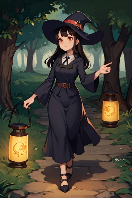 A black haired female witch with orange eyes in a conservative Victorian dress is walking through the woods with a lantern