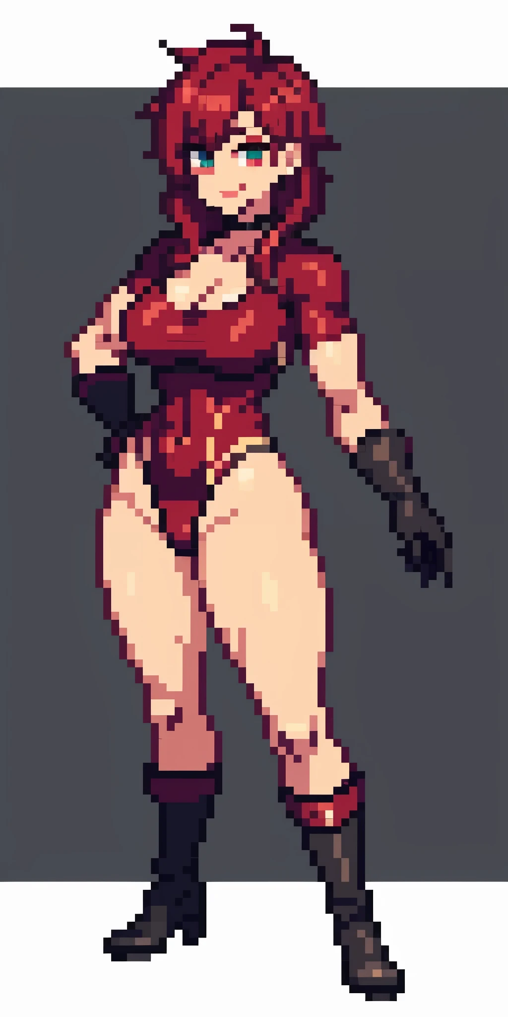 full body standing good face, nice ass, red spiky hair, beautiful woman, wide hips, cleavage, jumpsuit, leotard, heavy boots, apocalypse, muscular, thights, Mature woman, Abs, looks at the viewer, lustful smirking smile face red blush