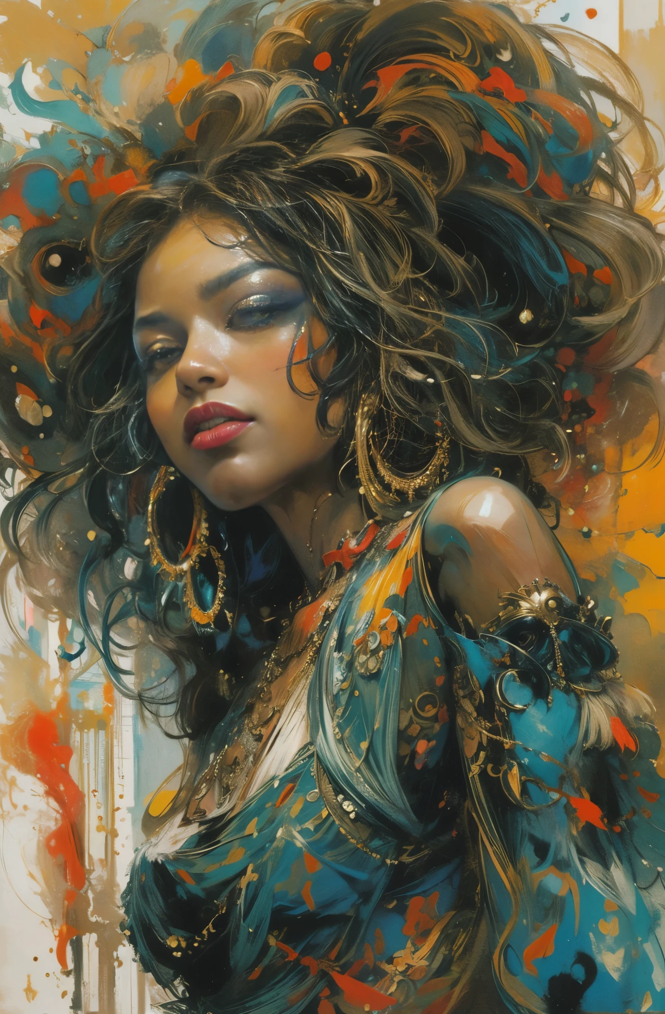 Beautiful Black Women Paintings, pretty much beautiful face, hip hop, soulful, Avant-garde, Queen of the Streets, check it out, Ultra-detailed paintings inspired by WLOP, art station trends, fantasy art, A complicated mess, The art of hitting, wallop art, WLOP |, wallop style, beautiful character drawings, Wlop painting style, WLOP | germ of art, Unparalleled Beauty Tumbler, figurative art, intense watercolor, watercolor detailed art, watercolor splash, surreal, avant-garde pop art, Beautiful and expressive paintings, Beautiful artwork illustration, very colorful tones, wonderful, cool beauty, masterpiece, highest quality, official art, women only, sharp outline, best shot, vector art, Written by Sandra Chevrier, dave mckean、By Richard Avedon、Written by Makiezi Kusiala, luminous design