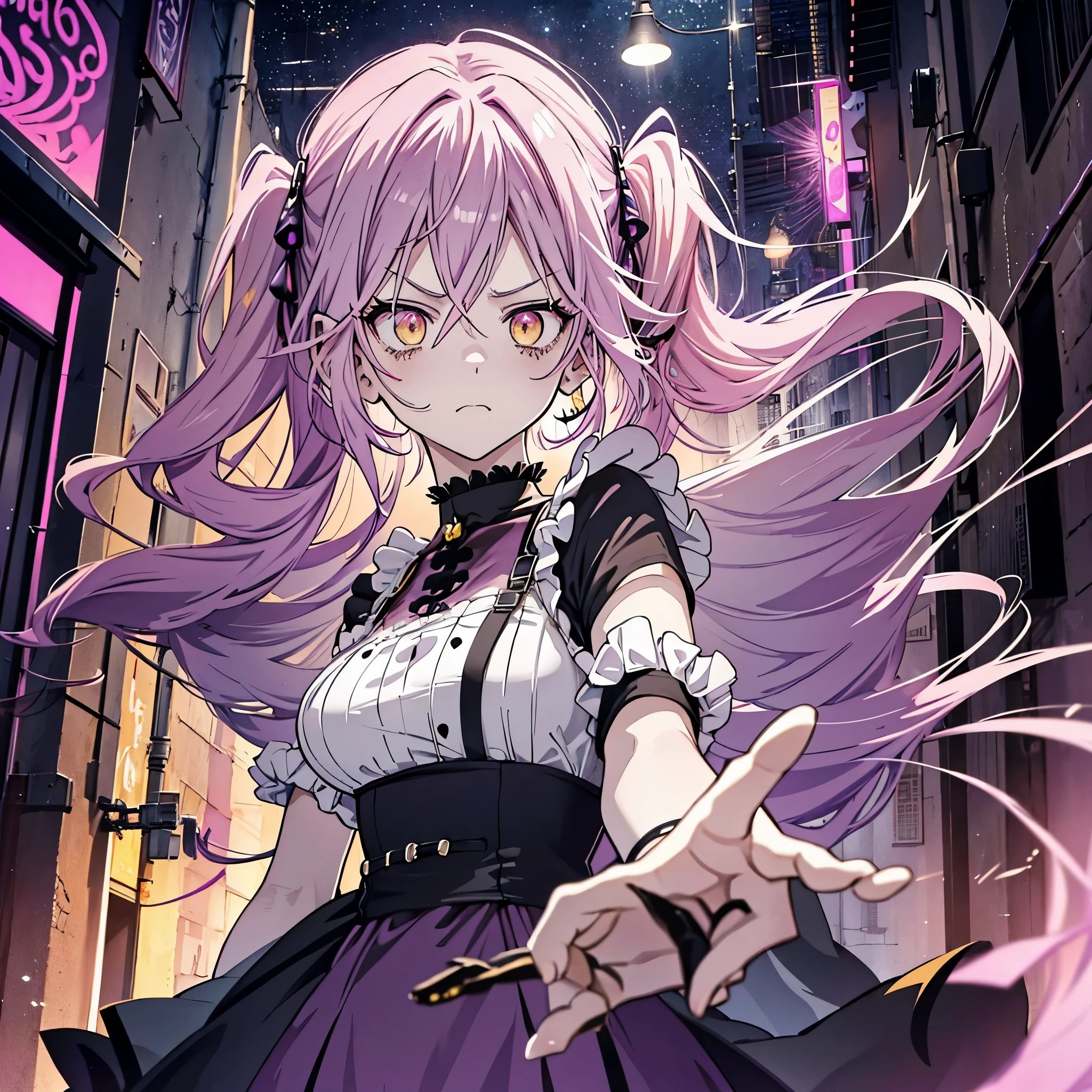 1 girl twintails hair, long hair, pink hair, yellow eyes anime, medium breasts, medium ass, Hairpins, Choker, Serious, sad face, wearing a black wizard dress with purple details, open hand, purple firepower in hand, shining power, ultra detailed, 8K wallpaper, At night, in an alley, buildings with a blurred background