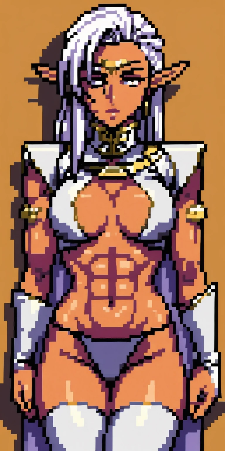 extremely long hair , ponytail, perfect anatomy 1 girl tall solo, slim thick, ((muscular)) high elf toned body, silver breast plate, blue cape, slendered abs, hourglass waist, detailed face, defined cheekbones, puffy lips, gauntlets, gold crown, shadow over eyes, looking at viewer, masterpiece, white thigh highs lingerie,