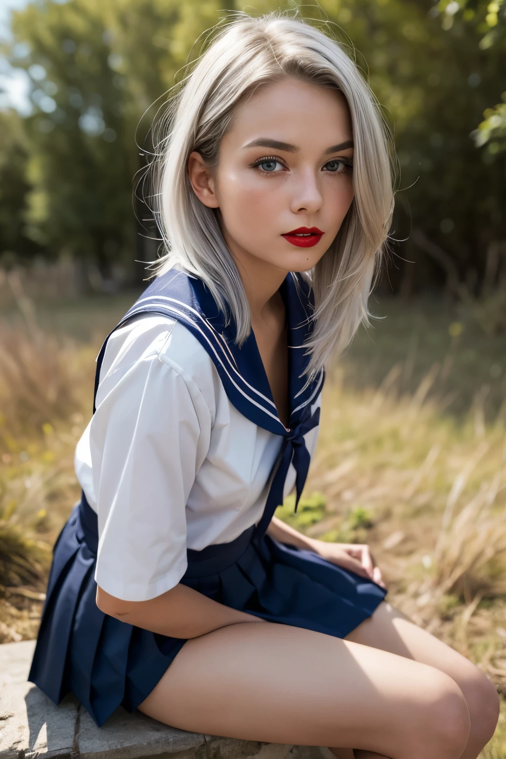 ((Girl looks at me)), Japanese high school girl sitting, sailor suit, red ribbon, navy pleated skirt, tanned, silver hair, mesh hair, loose socks, looking sideways, looking up, surprised expression, masterpiece, detailed eyes, Foundation, eye shadow, red lipstick, brightening the cheeks, rural landscape, blurred background, from below, white panties, from the front