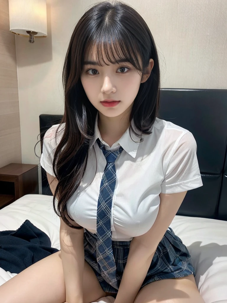 muste piece, best quality, illustration, Super detailed, fine details, High resolution, 8K,wall paper, perfect dynamic composition,(Details High quality, realistic depiction of eyes:1.3), Short mini skirt with gray plaid pattern、White short-sleeved uniform and high socks、(Dark blue tie), nig breasts, short bob hair、black hair color, Big Natural Color Lip, bold sexy pose, (perfect body shape), crying a little、cold gaze, Harajuku style、20 year old girl、cute type、ta、beautiful legs, hotel room, hposing Gravure Idol, Voluptuous thighs