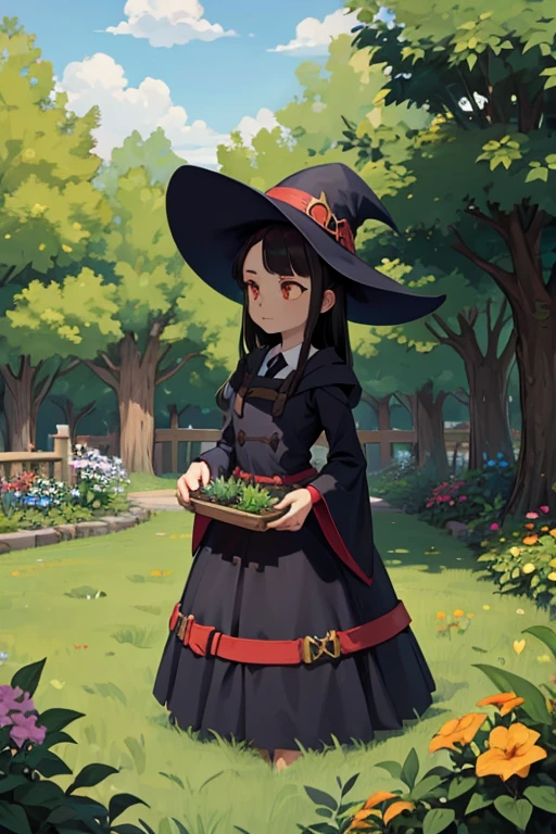 A black haired female witch with orange eyes in a conservative Victorian dress is gathering herbs in the garden