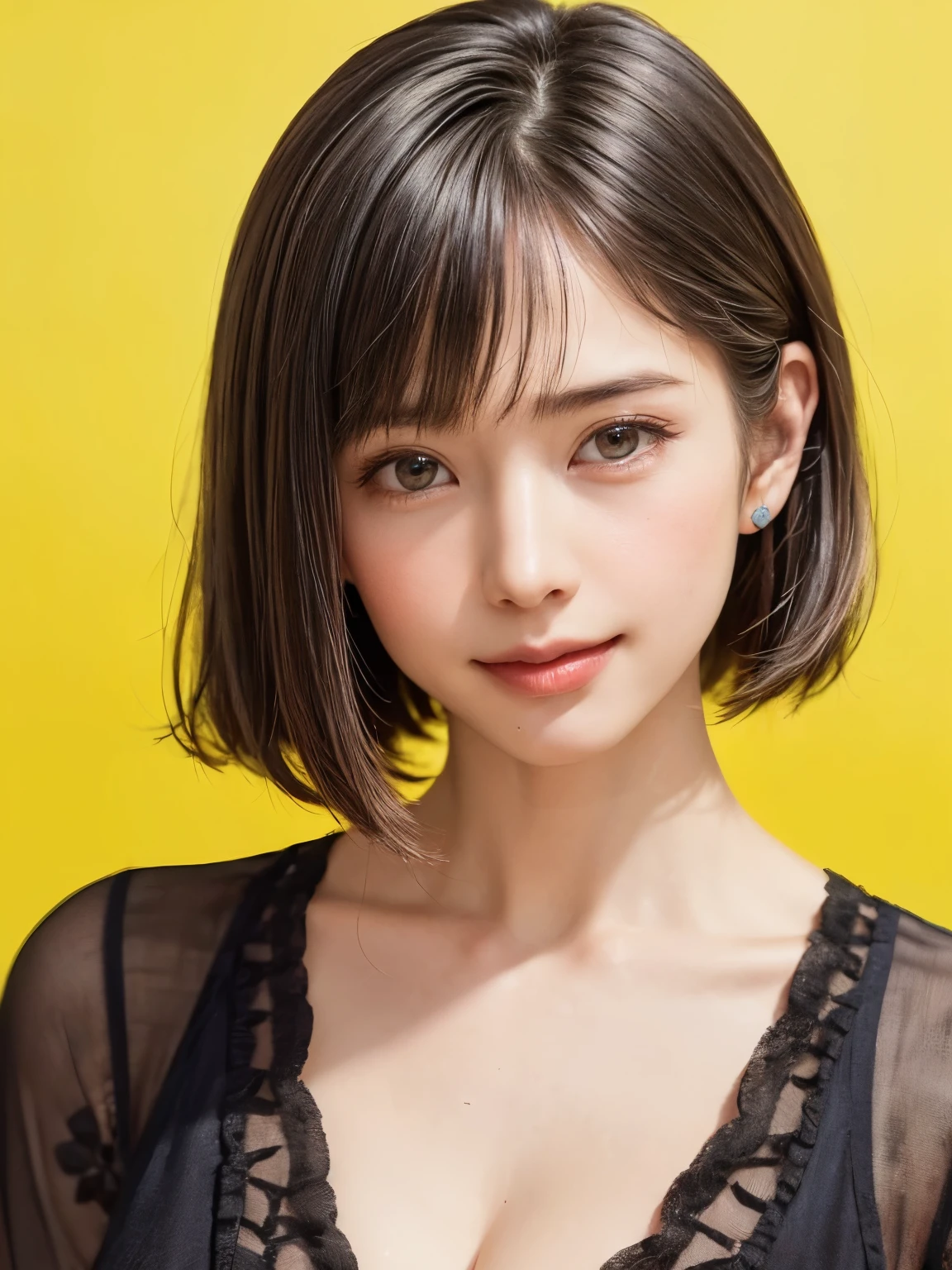 (masterpiece, best quality、Software:1.8),1 girl, alone, actual, actual, looking at the audience, light brown eyes, 非常に詳細な光沢のある髪を持つブルネットのbob short hair, bob short hair:1.6、white, lips, Bangs, Keep your mouth shut,幸せなSmile、 Upper body、big eyes、eyelash、((Very simple yellow-green background:1.9、Beautiful face symmetry))、(((Bangsのあるショートヘア:1.6、big eyes、big deal and full Chest、look at the audience、beautiful beautiful、Let me see your ears、long neck、Smile、please close your mouth and Smile)))、ideal body proportions、{巨big deal|big deal|巨big dealな|mega} Chest:2, split:2