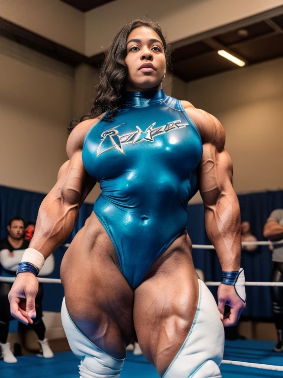 Tatyana Ali, A heavily muscled iffb pro female bodybuilder, (Raw photography:1.5)、(hight resolution:1.5)、(Raw photography:1.5),(Photorealsitic:1.38)、(sharp focus:1.5) 、18 only、One girl、((Cowboy Shots:1.2)),((Body Like a Male Bodybuilder:1.8))、(( bulging petruding abdominal muscles 1.5 )) ((tall:1.4)),((Thick arms with sculpted muscles:1.28)),((long legged:1.4)),((Sculpted muscular thick thighs:1.65)),((large full breasts:1.2))、、
((Delicate and perfect beautiful face,beatiful detailed eyes)、
(Wrestling shirt、 elbow pads 、latex short Wrestling pants、Dark blue high socks:1.2)), (white Wrestling boots:1.5) ((hime-cut)),
((Standing up with a shrug:1.2))、
((In a WWE wrestling ring))、
looking at the viewers、Facing the audience,The dim、