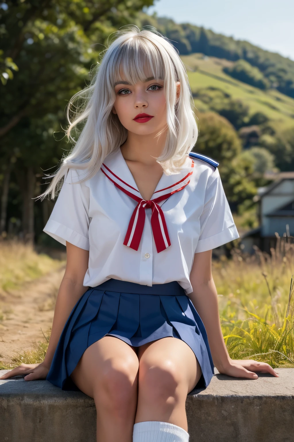 ((Girl looks at me)), Japanese high school girl sitting, sailor suit, red ribbon, navy pleated skirt, tanned, silver hair, mesh hair, loose socks, looking sideways, looking up, surprised expression, masterpiece, detailed eyes, Foundation, eye shadow, red lipstick, brightening the cheeks, rural landscape, blurred background, from below, (white panties), from the front