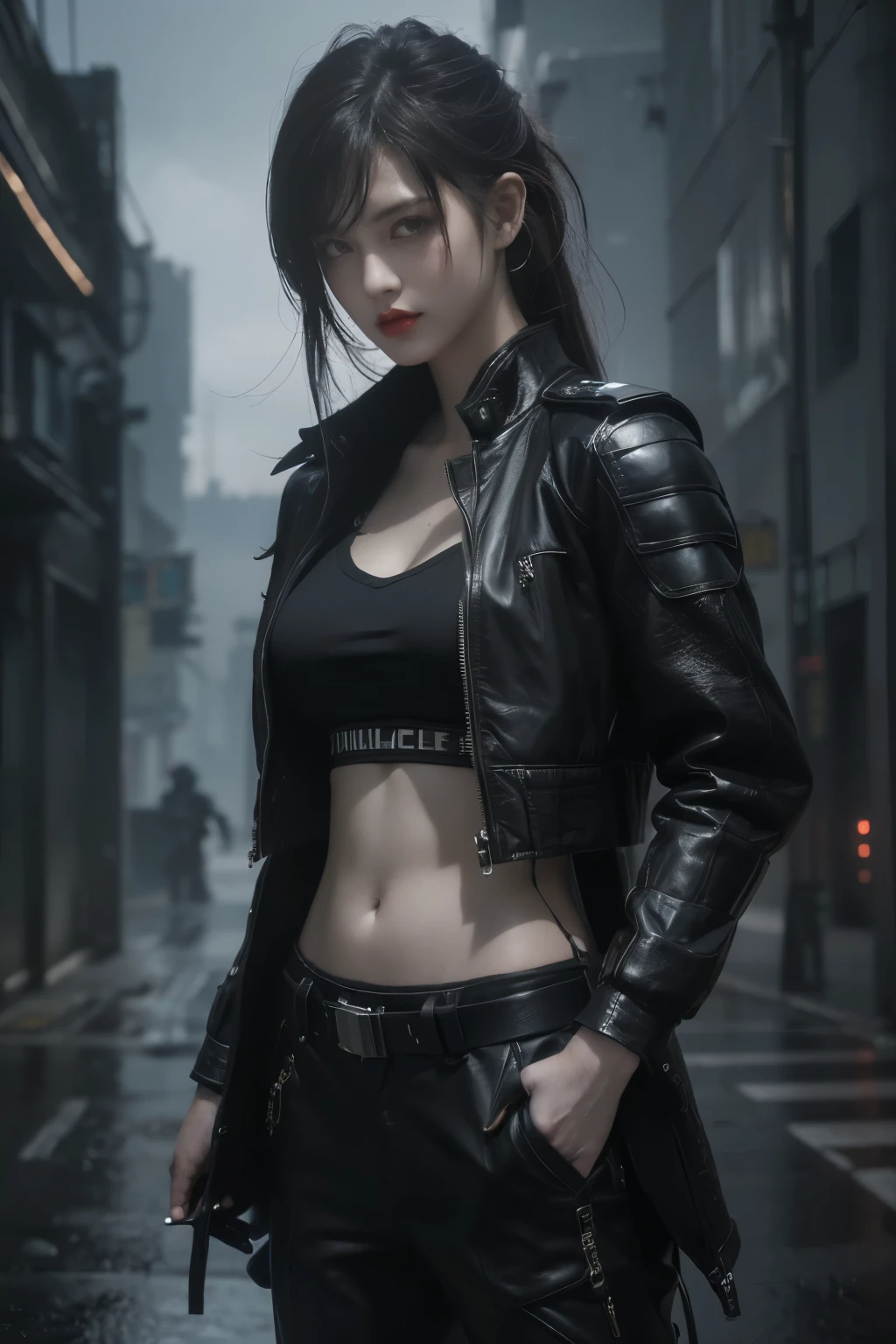 tmasterpiece,Best quality,A high resolution,8K,(Portrait photograph:1.5),(ROriginal photo),real photograph,digital photography,(Combination of cyberpunk and fantasy style),(Female soldier),20 year old girl,random hair style,By bangs,(Red eyeigchest, accessories,Redlip,(He frowned,Sneer),(Cyberpunk combined with fantasy style clothing,Openwork design,joint armor,police uniforms,Racing Girl Coat),exposing your navel,Photo pose,Realisticstyle,Thunder and lightning on rainy day,(Thunder magic),oc render reflection texture