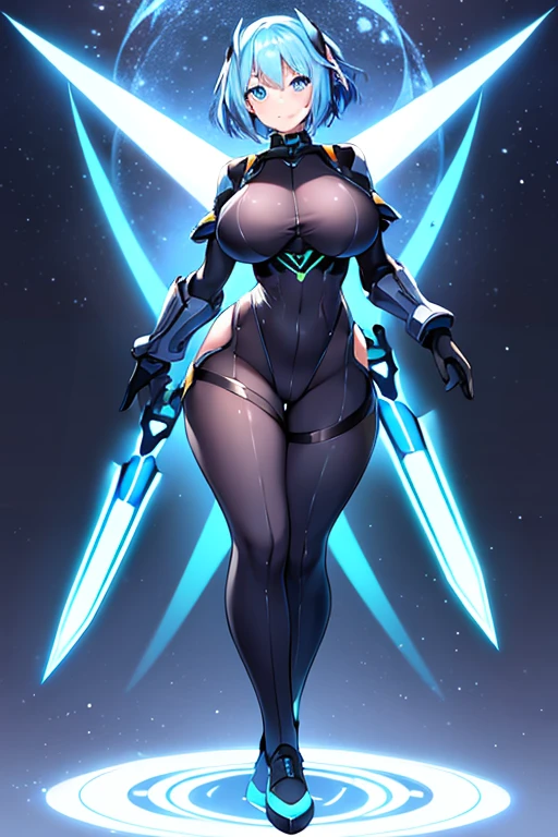 1girl, white skin, light skin, smile, light smile, blue hair, short hair, blue eyes, large breasts, breasts, wide hips, black bodysuit, bodysuit, sleeves, short sleeves, pantyhose, black pantyhose, futuristic, science-fiction, neon trim, neon, full_body, ((full body)), standing, swords, lighsaber, sword