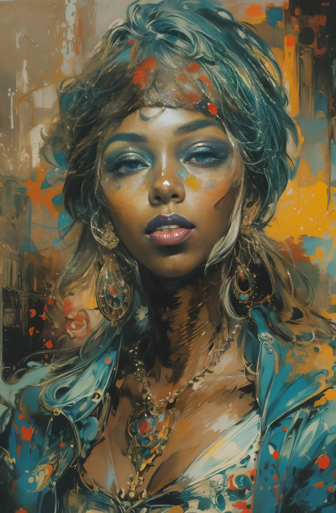 Beautiful Black Women Paintings, pretty much beautiful face, hip hop, soulful, Avant-garde, Queen of the Streets, check it out, Ultra-detailed paintings inspired by WLOP, art station trends, fantasy art, A complicated mess, The art of hitting, wallop art, WLOP |, wallop style, beautiful character drawings, Wlop painting style, WLOP | germ of art, Unparalleled Beauty Tumbler, figurative art, intense watercolor, watercolor detailed art, watercolor splash, surreal, avant-garde pop art, Beautiful and expressive paintings, Beautiful artwork illustration, very colorful tones, wonderful, cool beauty, masterpiece, highest quality, official art, women only, sharp outline, best shot, vector art, Written by Sandra Chevrier, dave mckean、By Richard Avedon、Written by Makiezi Kusiala, luminous design