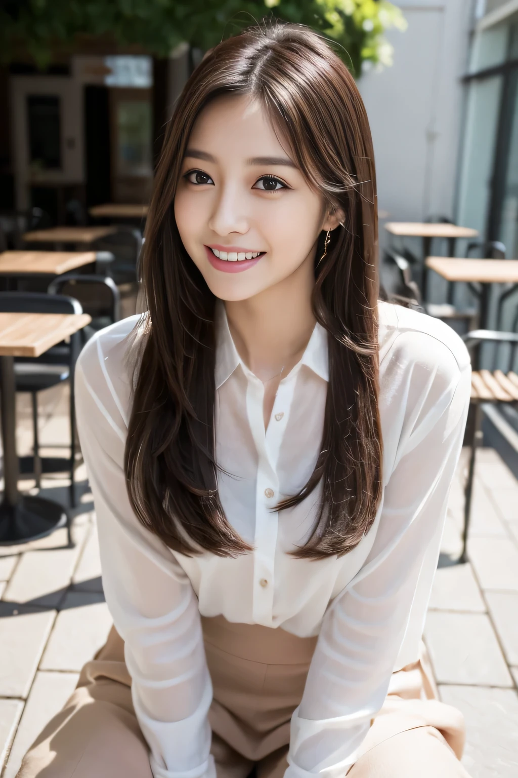 highest quality, realistically, Super detailed, detailed pubic hair, High resolution, 8k wallpaper, 1 beautiful woman, Pink wet lips, light brown messy hair, wearing a suit, shirt, white skirt, lock focus, perfect dynamic composition, beautiful eyes, delicate hair, Detailed realistically skin texture, smile, close-up portrait, model body shape, On the open terrace of the cafe, blurred background, (full body shot), Take photos from a distance, Random body orientation、squatting down、