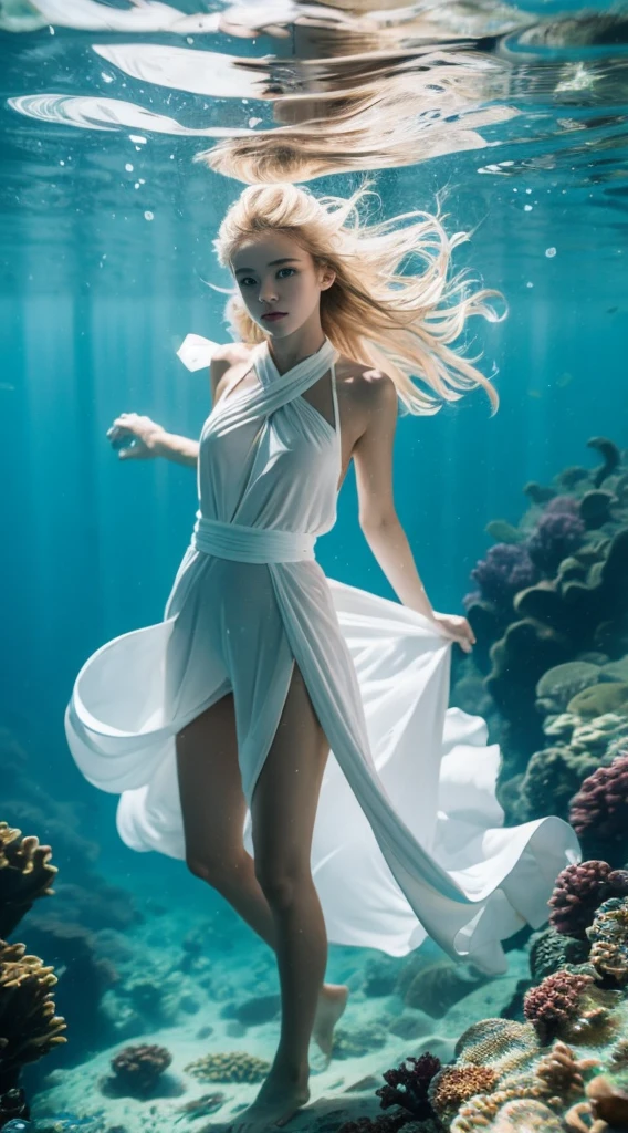 best quality，masterpiece，Partial underwater photography，reflector，Blonde 1.3 ，Messy hair floating，fit，hanfu，long legs