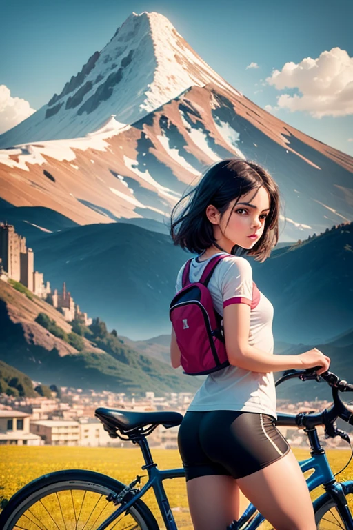 a girl rides a bicycle, in running shorts, short shorts, a view of a city with a mountain in the background, by Juan O'Gorman, shutterstock, renaissance, volcanoes in the background, square, vouge italy, vibrant vivid colors