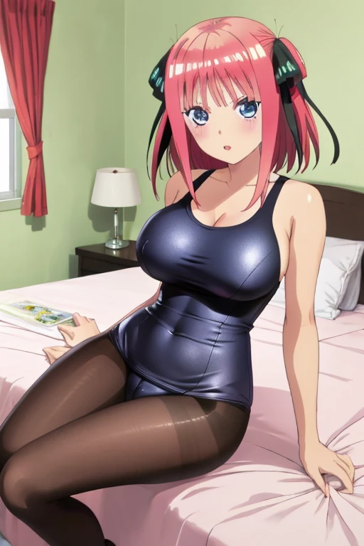 best quality, ultra-detailed masterpiece, anime art style, cute characters, nino nakano, one-piece swimsuit, large breasts, pantyhose, bed room