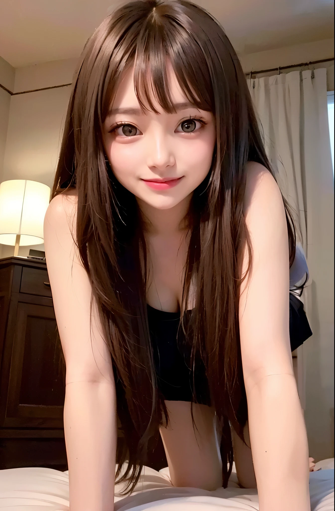 ((night、real light、highest quality、8K image、masterpiece:1.3))、非常にdetailed eye、highly detailed face、High definition skin texture、Beautiful girl with normal body type:1.4、(beautiful brown hair:1)、full nude、nipple、Sexy、Narrow waist、thin thighs、look at the viewer、cheeks turn red、highly detailed face、detailed eye、happiness、A big smile、裸の***がbedで横臥、bed、crawl on all fours、view from above