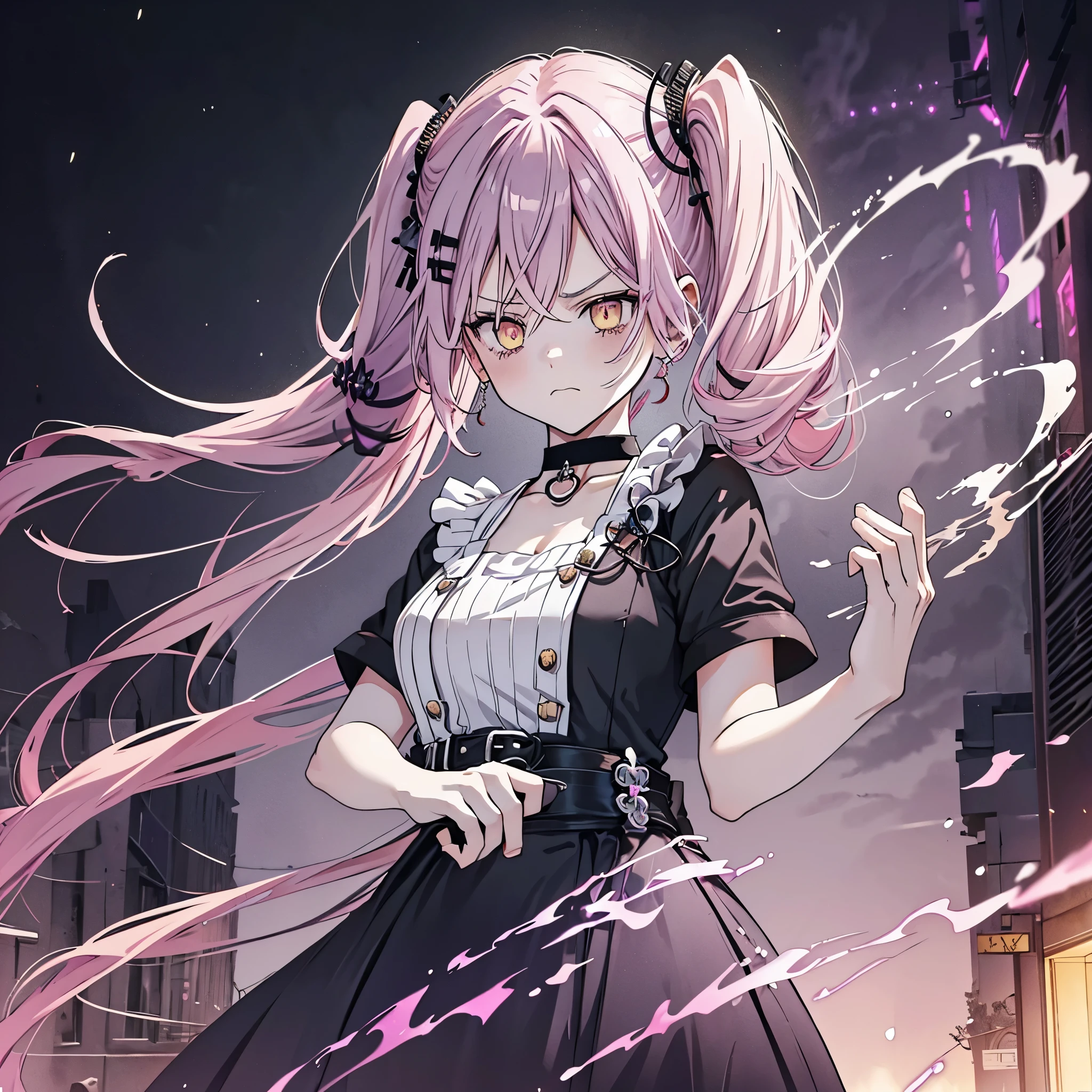 1 girl twintails hair, long hair, pink hair, yellow eyes anime, medium breasts, medium ass, Hairpins, Choker, Serious, sad face, wearing a black wizard dress with purple details, open hand, purple firepower in hand, shining power, ultra detailed, 8K wallpaper, At night, in an alley, buildings with a blurred background