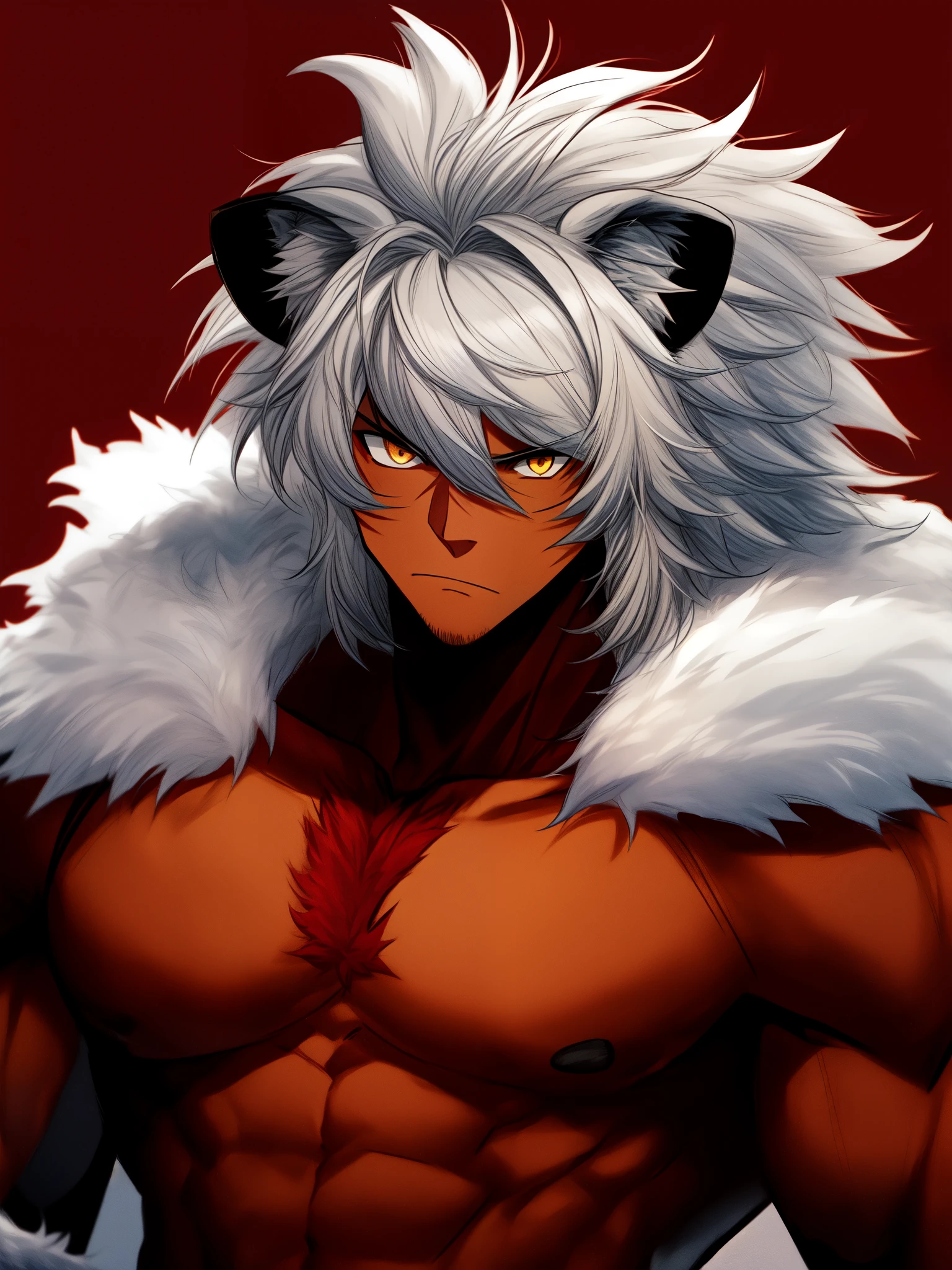 ((lion ears)), ((lion man)), ((fur trim clothing)), ((animal print)), ((dark skin)), ((serious expression)), ((king of beasts)), ((revealing clothing)), ((muscular)), ((muscles)), ((muscular build)), (((complementary colors))), ((mature male)), 1boy, beautifully drawn, high resolution illustration, best quality, High definition, ((detailed anime sketch)), Masterpiece, (solo), absurdres, portrait, ((upper body)), ((wild hair)), detailed background, fine detail, male focus, HDR, ((short hair))