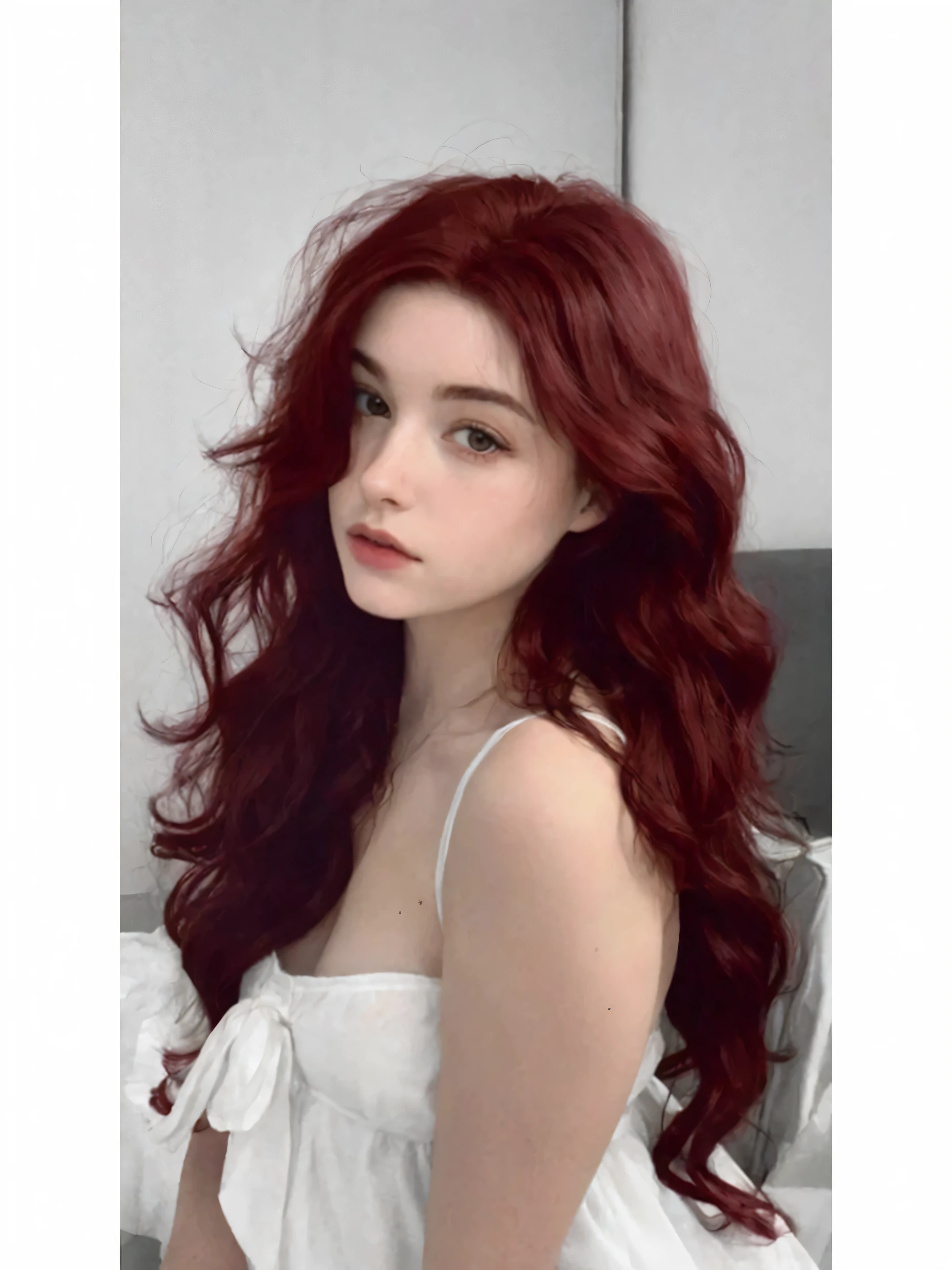 Un primer plano de una mujer con el pelo largo y rojo y un vestido blanco, pelo largo y ondulado rojo, long crimson hair, long pelo rojo oscuro, reddish brown, pelo rojo largo y ondulado, pelo rojo oscuro, pelo rojo vibrante ondulado, crimson red hair, dark brown wavy hair, katherine mcnamara inspirada, crimson red hair crimson, pelo rojo fuego ondulado muy largo