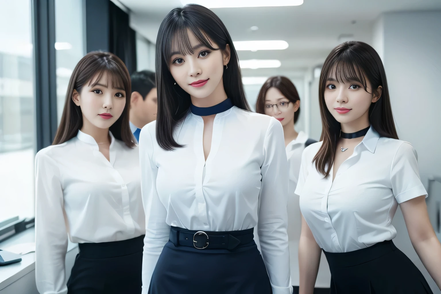 ((highest quality, 8K, Representative works in detail, ultra high resolution)), (Group photo), (looking at the viewer), (middle shot:), Five attractive business women, 5 people, big breasts, white collared shirt, gray skirt, sitting cross-legged on the desk in the office, smile, CEO's Office, ((black choker)), slim body shape, big breasts, blue color contacts, long eyelashes, bangs