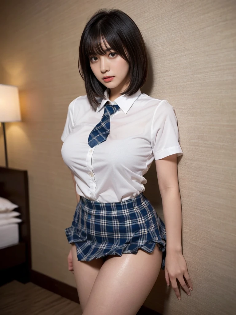 muste piece, best quality, illustration, Super detailed, fine details, High resolution, 8K,wall paper, perfect dynamic composition,(Details High quality, realistic depiction of eyes:1.3), Short mini skirt with gray plaid pattern、White short-sleeved uniform and high socks、(Dark blue tie), nig breasts, short bob hair、black hair color, Big Natural Color Lip, bold sexy pose, (perfect body shape), crying a little、cold gaze, Harajuku style、20 year old girl、cute type、ta、beautiful legs, hotel room, hposing Gravure Idol, Voluptuous thighs