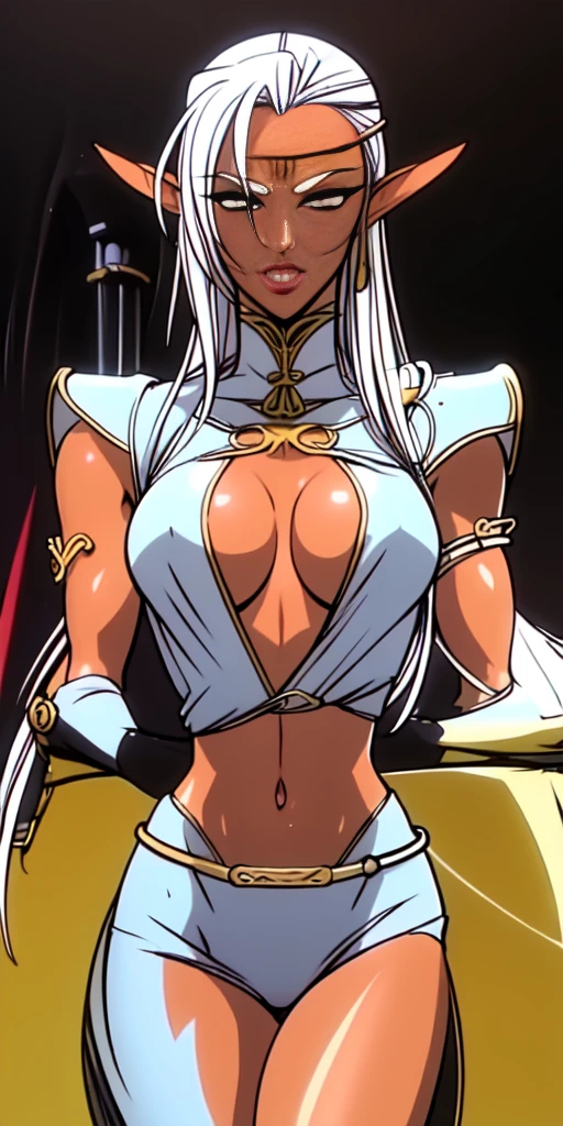 extremely long hair , ponytail, perfect anatomy 1 girl tall solo, slim thick, ((muscular)) high elf toned body, silver breast plate, blue cape, slendered abs, hourglass waist, detailed face, defined cheekbones, puffy lips, gauntlets, gold crown, shadow over eyes, looking at viewer, masterpiece, white thigh highs lingerie,