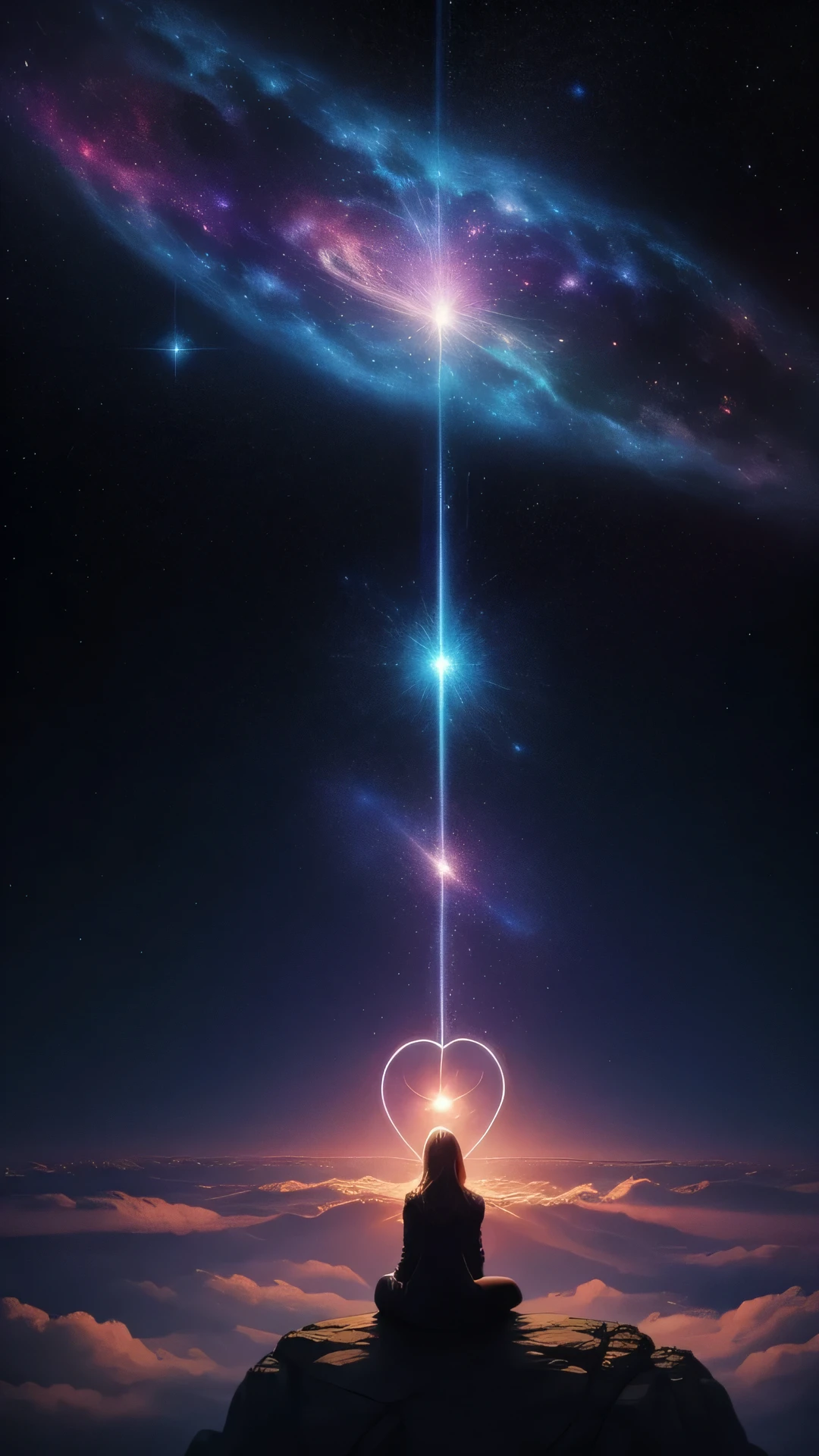 Create an image that represents the fusion of the human heart with the supernatural realm and the vastness of the universe. Imagine an ethereal and mysterious scene. in the center of the image, The human heart shines with soft light, sparkling. My heart seems to be floating in translucent mist, Evoke a sense of mystery and transcendence. from the bottom of my heart, emits a series of projections, Each represents a unique aspect. Some projections take the form of natural elements, Like branches, petals or dancing flames, Evoke a deep connection to the natural realm. Other projections extend into outer space, Turn into bright constellations, Distant galaxies or meteor rays. These cosmic projections symbolize the expansion of human emotions beyond the limits of Earth, Connect the vast universe. Color palette includes sky blue shades, Deep purple and gold, Create a magical and spiritual atmosphere. Soft light from the heart and projection creates a feeling of peace and awe. The resulting images capture the thoughts of the human mind that transcends the boundaries of the planet, Explore the realm of the supernatural and the universe. The fusion of human and divine creates a visual narrative，Evoking the exploration of our deepest emotional connections，And expand its essence into the vast universe