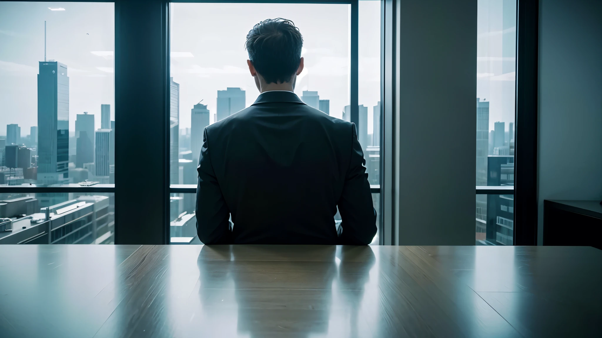(best quality,4k,8k,highres,masterpiece:1.2),ultra-detailed,(realistic,photorealistic,photo-realistic:1.37),businessman from behind looking at big t.v black screen,modern office environment,cityscape view through the floor-to-ceiling windows,indoor plants surrounding the workspace,contemporary office furniture and equipment,impressive technological devices,crisp and clean lines,high-tech atmosphere,abstract artwork on the walls,professional attire,sleek and polished appearance,intense focus and concentration,determined expression,shadows and highlights playing on the businessman's silhouette,subtle shades of gray and blue,soft, diffused lighting,enhancing the suspenseful atmosphere