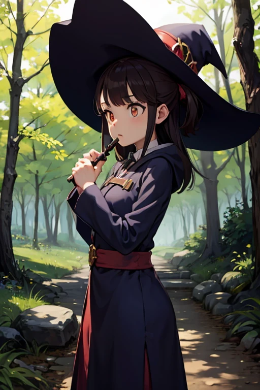 A   black haired female witch with orange eyes in a conservative Victorian dress is practicing magic in the woods