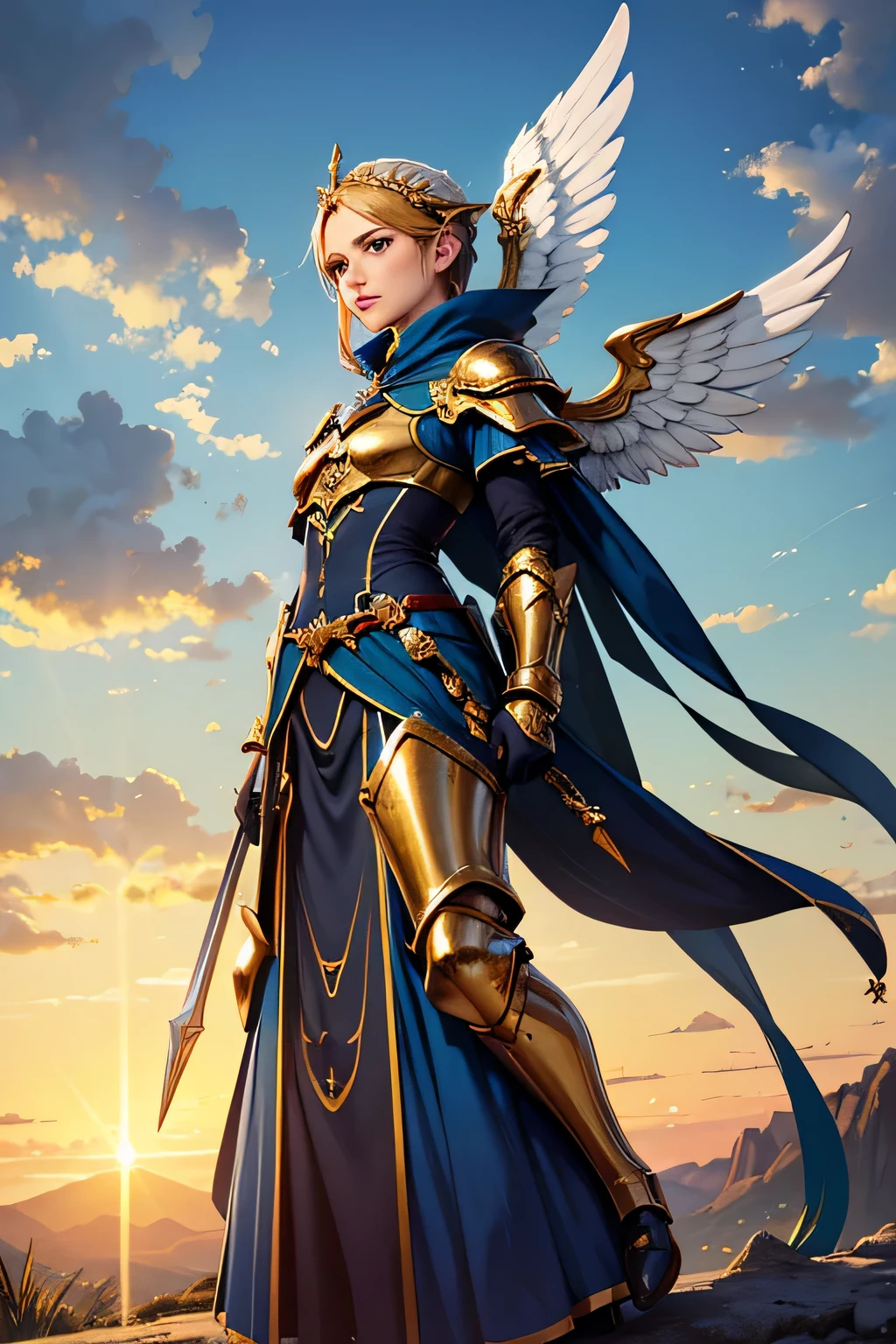 Anjo com asas longas brancas e douradas, usando um manto, Flying position, capuz, azul gelo, Golden sky with white clouds, Paramentos sagrados, Landscape, gothic armor, Angel with mm Aurelia
