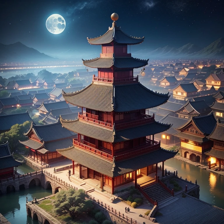 Ancient Chinese cities，night，starry sky，full moon，8Kstarry sky，澄んだnight空，A bustling ancient city，night間照明 --自動