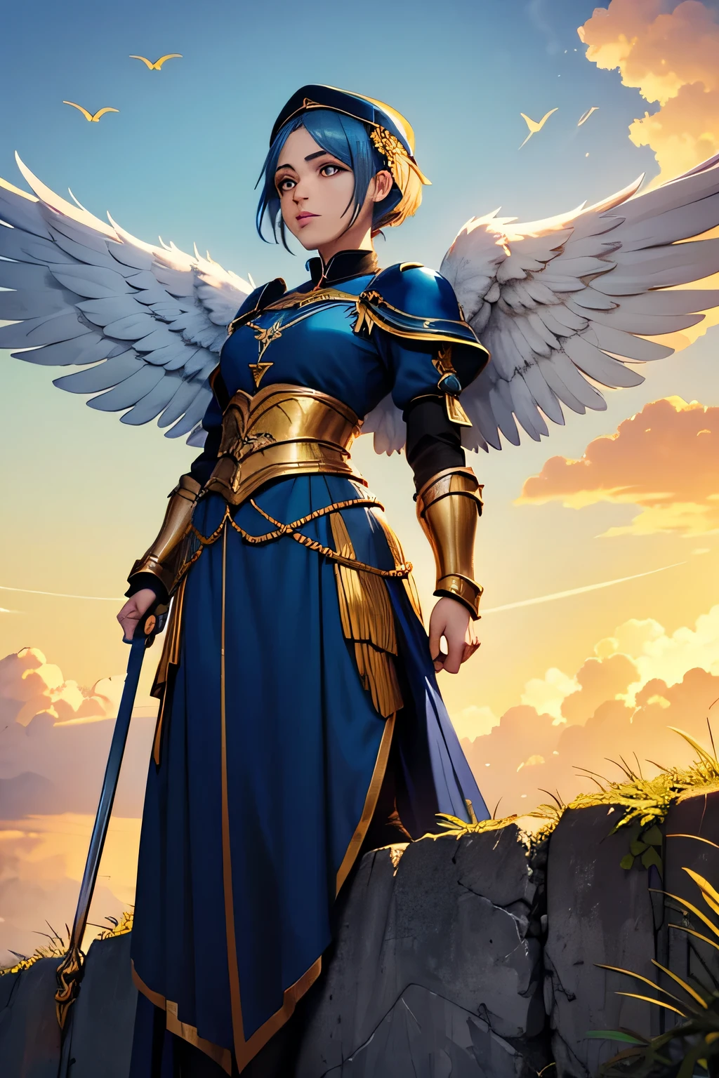 Anjo com asas longas brancas e douradas, usando um manto, Flying position, capuz, azul gelo, Golden sky with white clouds, Paramentos sagrados, Landscape, gothic armor, Angel with mm Aurelia