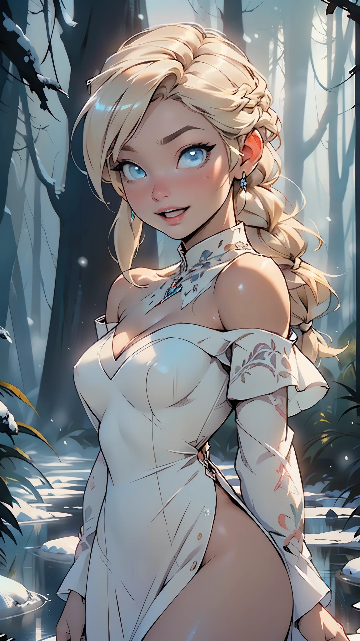 (((Elsa))),(Frozen), Elsa from Frozen,((elsa of arendelle)), ice queen, girl 

(large breasts:1.4),((blonde long hair, blond hair,single braid, long blonde hair,blonde hair, long hair,(white blond hair), very long hair, (braided pigtail))),(((blue_eyes:1.3))),intricate eyes,beautiful detailed eyes,symmetrical eyes,big eyes:1.5,bright blue eyes,blue crystal eyes, ((((lustrous skin:1.5,tanned skin,bright skin: 1.5,skin tanned,shiny skin,very shiny skin,shiny body,Reflective skin)))),(spider lower abdomen,narrow waist,wide hip,athletic body,inflated legs,thick thighs,(detailed face)),beautiful detailed lips,pink lips, pale skin, slim waist, fit,a bit of pink on cheeks, strong eyeshadow and eyeliner and eyelashes, blush, pretty lips, (smiling with open mouth), 

(cute,slutty,sensual,seductive look,seductive,((erotic)),opulent,sumptuous,longingly,((nsfw))),

(warm winter gown, blue dress, cleavage, light blue dress, slit skirt, crystal dress),((white off shoulder dress)), (glittery see-through dress), (dress made out of snow), (snow dress with light blue ornaments), 

(seductive pose:1.0),cute,gentle smile,(centered,scale to fit dimensions,Rule of thirds),

((snowy pine forest at night, dark forest, swamp, murky water, foggy, creepy aura, eerie atmosphere)),with dark stormy clouds,winter,scenery:1.25,intricate scenery,((snow forest background)),

(Glossy winter ornaments),highres,sharp focus,(ultra detailed,extremely detailed),(photorealistic artwork:1.37),(extremely detailed CG unity 8k wallpaper),(((vibrant colors,vibrant theme))),(intricate),(masterpiece),(best quality),artistic photography,(photography taken by sldr),(intricate background),perfect rendered face,perfect face details,realistic face,photo realistic,((intricate detail)),(((realism))),
