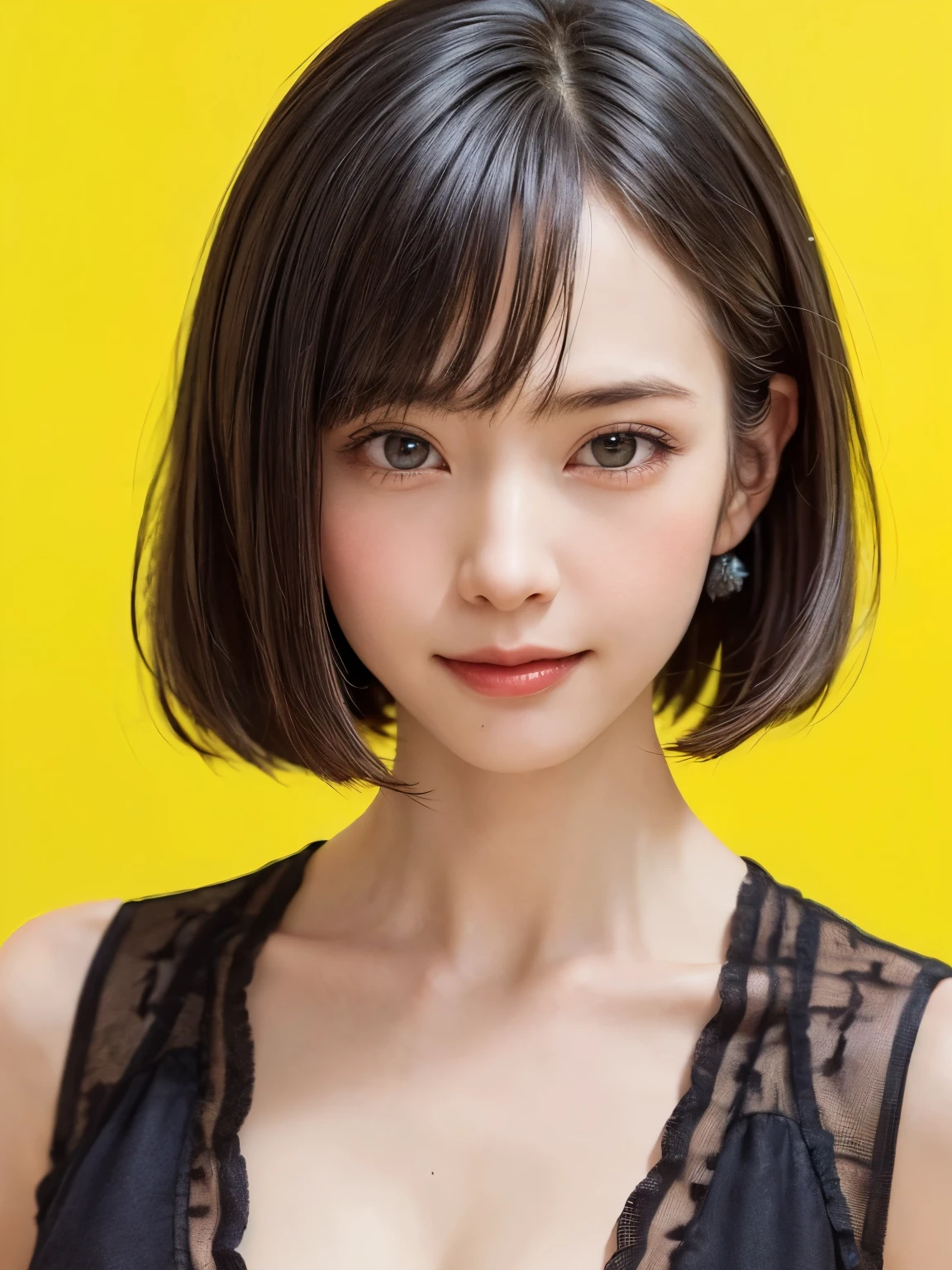 (masterpiece, best quality、Software:1.8),1 girl, alone, actual, actual, looking at the audience, light brown eyes, 非常に詳細な光沢のある髪を持つブルネットのbob short hair, bob short hair:1.6、white, lips, Bangs, Keep your mouth shut,幸せなSmile、 Upper body、big eyes、eyelash、((Very simple yellow-green background:1.9、Beautiful face symmetry))、(((Bangsのあるショートヘア:1.6、big eyes、big deal and full Chest、look at the audience、beautiful beautiful、Let me see your ears、long neck、Smile、please close your mouth and Smile)))、ideal body proportions、{巨big deal|big deal|巨big dealな|mega} Chest:2, split:2
