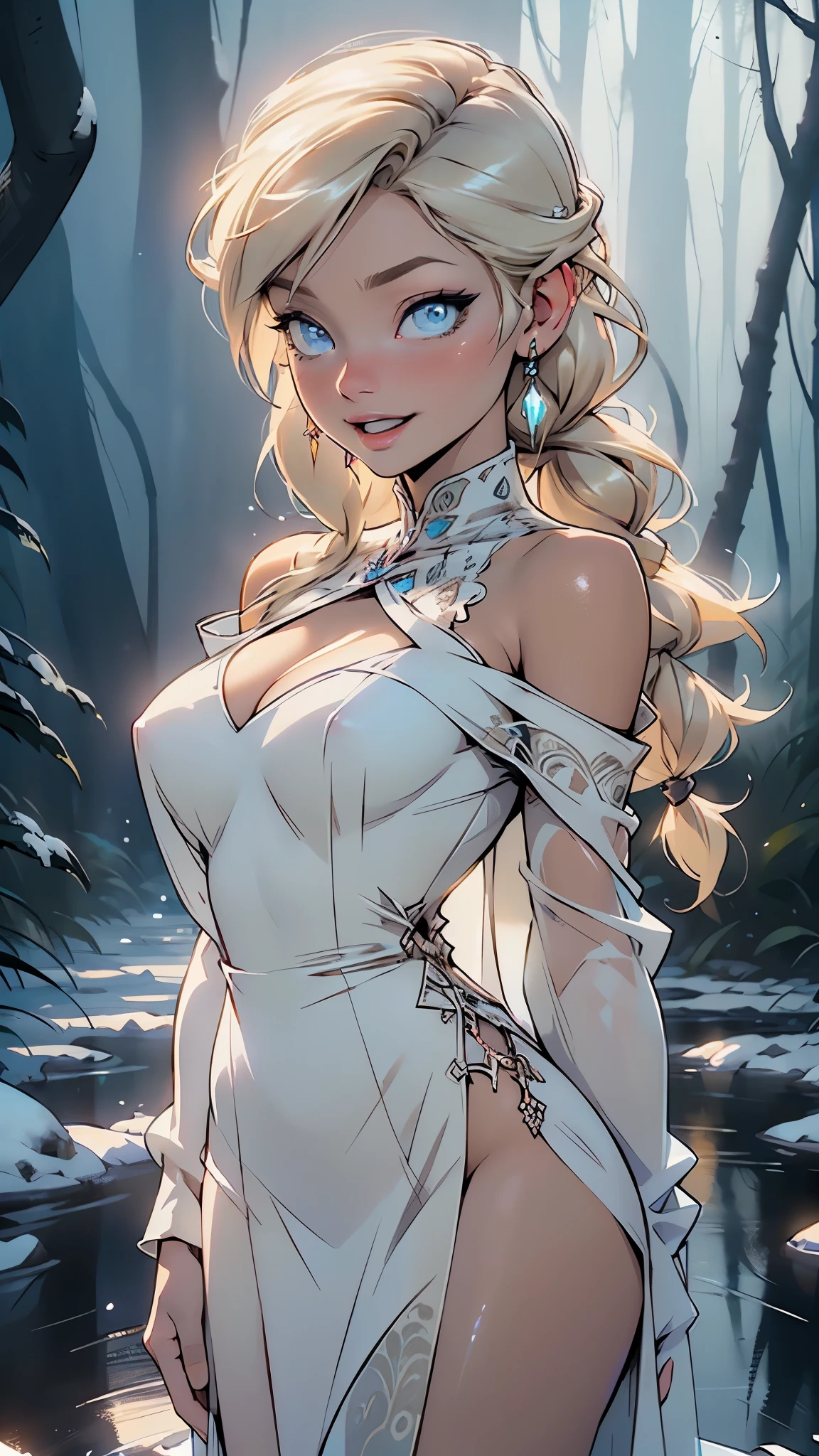(((Elsa))),(Frozen), Elsa from Frozen,((elsa of arendelle)), ice queen, girl
(large breasts:1.4),((blonde long hair, blond hair,single braid, long blonde hair,blonde hair, long hair,(white blond hair), very long hair, (braided pigtail))),(((blue_eyes:1.3))),intricate eyes,beautiful detailed eyes,symmetrical eyes,big eyes:1.5,bright blue eyes,blue crystal eyes, ((((lustrous skin:1.5,tanned skin,bright skin: 1.5,skin tanned,shiny skin,very shiny skin,shiny body,Reflective skin)))),(spider lower abdomen,narrow waist,wide hip,athletic body,inflated legs,thick thighs,(detailed face)),beautiful detailed lips,pink lips, pale skin, slim waist, fit,a bit of pink on cheeks, strong eyeshadow and eyeliner and eyelashes, blush, pretty lips, (smiling with open mouth),
(cute,slutty,sensual,seductive look,seductive,((erotic)),opulent,sumptuous,longingly,((nsfw))),
(warm winter gown, blue dress, cleavage, light blue dress, slit skirt, crystal dress),((white off shoulder dress)), (glittery see-through dress), (dress made out of snow), (snow dress with light blue ornaments),
(seductive pose:1.0),cute,gentle smile,(centered,scale to fit dimensions,Rule of thirds),
((snowy pine forest at night, dark forest, swamp, murky water, foggy, creepy aura, eerie atmosphere)),with dark stormy clouds,winter,scenery:1.25,intricate scenery,((snow forest background)),
(Glossy winter ornaments),highres,sharp focus,(ultra detailed,extremely detailed),(photorealistic artwork:1.37),(extremely detailed CG unity 8k wallpaper),(((vibrant colors,vibrant theme))),(intricate),(masterpiece),(best quality),artistic photography,(photography taken by sldr),(intricate background),perfect rendered face,perfect face details,realistic face,photo realistic,((intricate detail)),(((realism))),