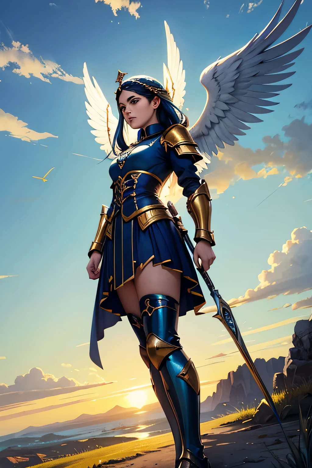 Anjo com asas longas brancas e douradas, usando um manto, Flying position, capuz, azul gelo, Golden sky with white clouds, Paramentos sagrados, Landscape, gothic armor, Angel with mm Aurelia