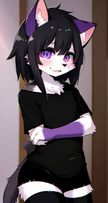 Boy, femboy, kemono, Medium ass, Black shirt with purple stripes, black hair, bangs covering the left eye, long black socks with a cat face, expression of shame