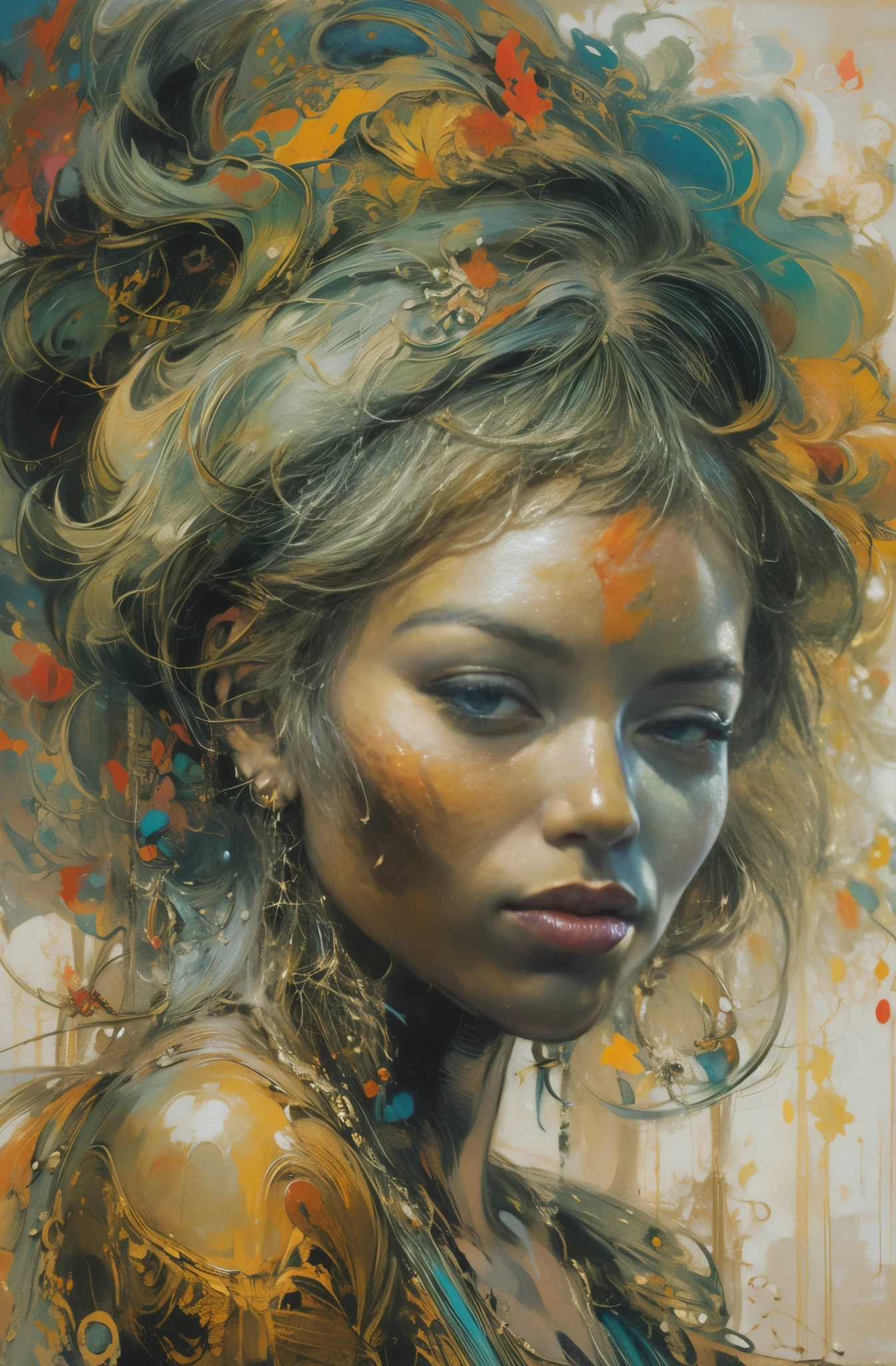 Beautiful Black Women Paintings, pretty much beautiful face, hip hop, soulful, Avant-garde, Queen of the Streets, check it out, Ultra-detailed paintings inspired by WLOP, art station trends, fantasy art, A complicated mess, The art of hitting, wallop art, WLOP |, wallop style, beautiful character drawings, Wlop painting style, WLOP | germ of art, Unparalleled Beauty Tumbler, figurative art, intense watercolor, watercolor detailed art, watercolor splash, surreal, avant-garde pop art, Beautiful and expressive paintings, Beautiful artwork illustration, very colorful tones, wonderful, cool beauty, masterpiece, highest quality, official art, women only, sharp outline, best shot, vector art, Written by Sandra Chevrier, dave mckean、By Richard Avedon、Written by Makiezi Kusiala, luminous design