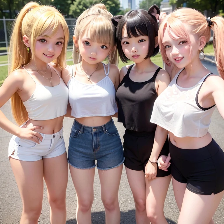 (.he is short.Height: 140cm.sharp eyes.blonde.twin tails.The skin is lustrous.My waist is narrow).(White tank top with cute print.No bra.You can see the shape of the nipple from the top of the clothes.shorts.black mask.Has tattoos.Wears a lot of earrings).(elementary school scho.smiling)perfect face.High resolution.There is a sense of dynamism.The whole body is reflected