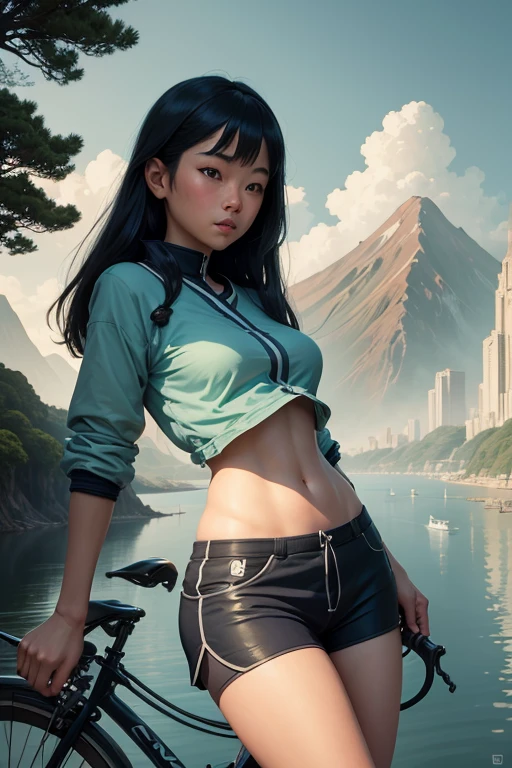 a girl rides a bicycle, in running shorts, short shorts, a painting of a city by a body of water, a matte painting, inspired by Hiroshi Yoshida, ukiyo-e, of a futuristic selk'nam, 1 9 0 0, made of tree and fantasy valley, jean giraud 8 k